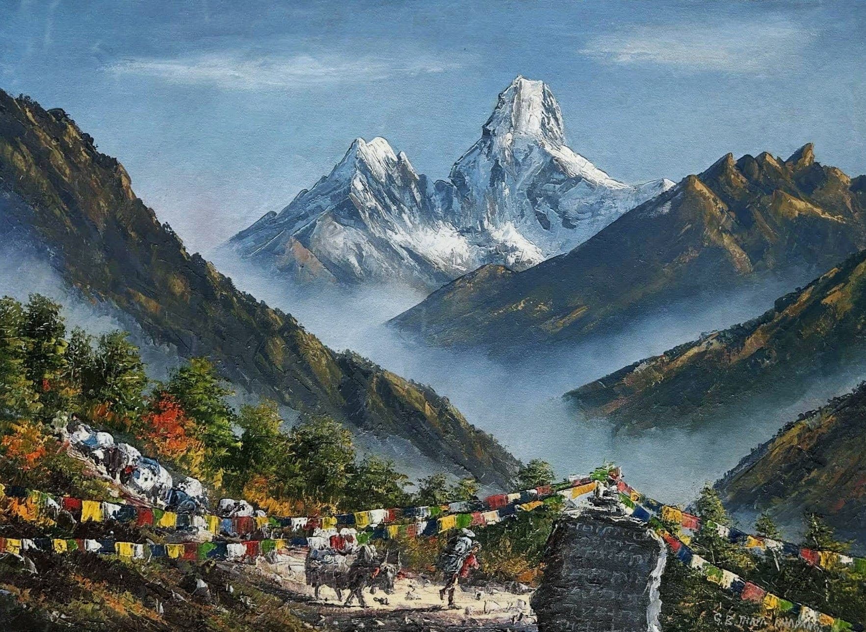 Buy Ama Dablam Himalayan Trail - Textured Palette Knife Oil Painting - Original fine art painting at Shakya Gallery Nepal