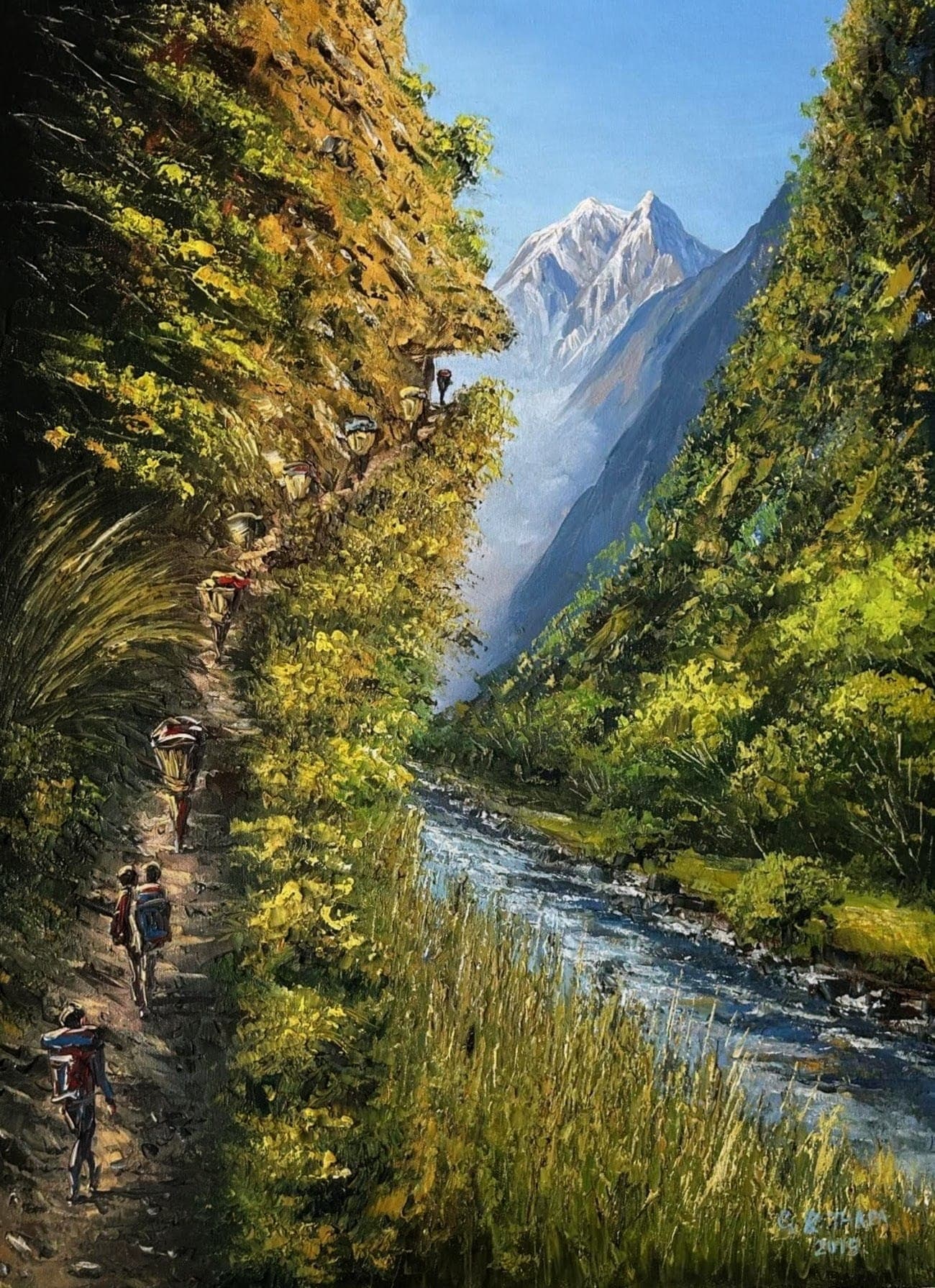 Buy Himalayan Porters River Gorge - Nepal Trekking Oil Painting - Original fine art painting at Shakya Gallery Nepal