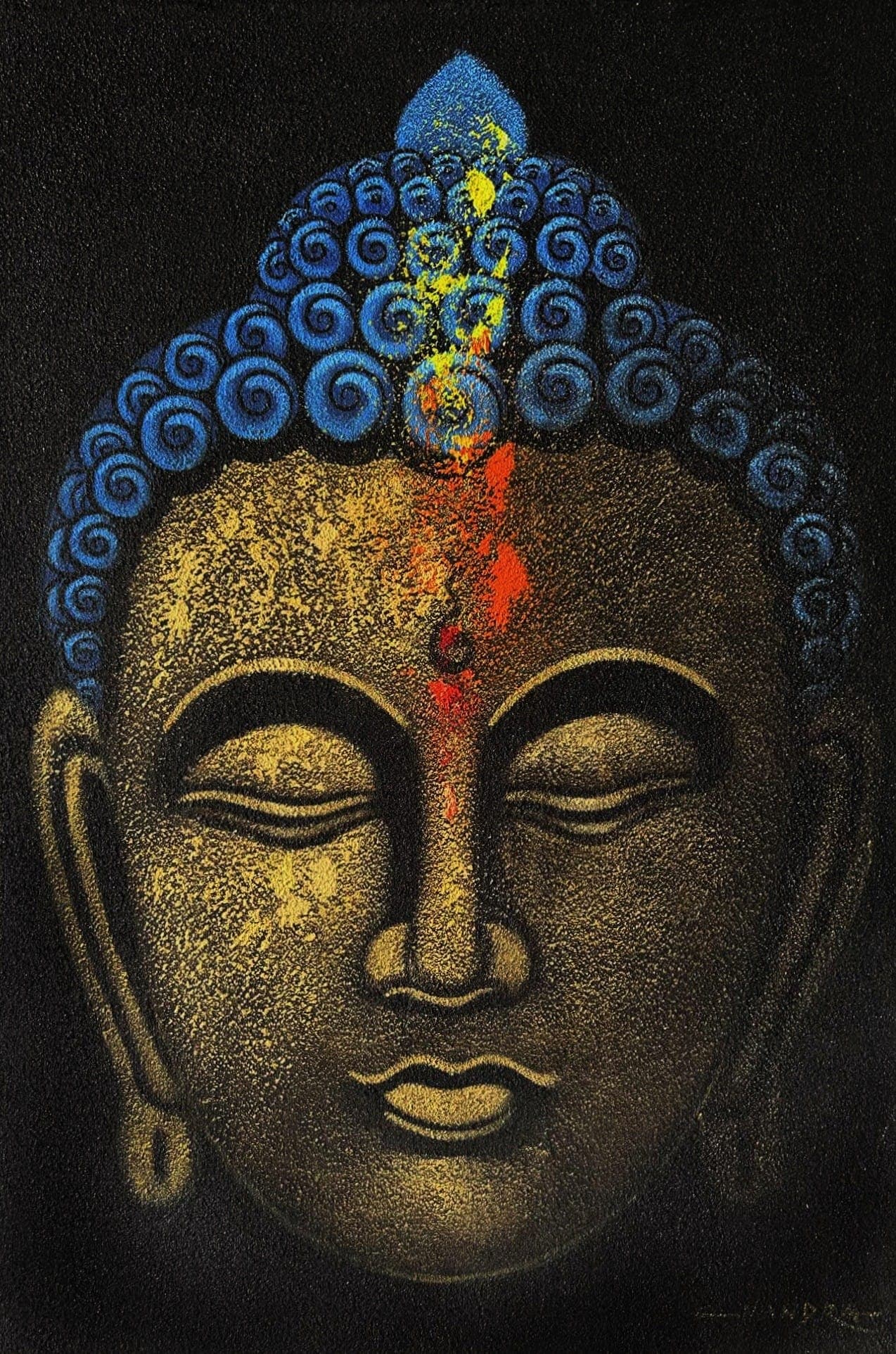 Buy Heritage Gold & Blue Buddha Face – Luxury Nepalese Artwork - serene meditative Buddha painting with intricate textures at Shakya Gallery Nepal