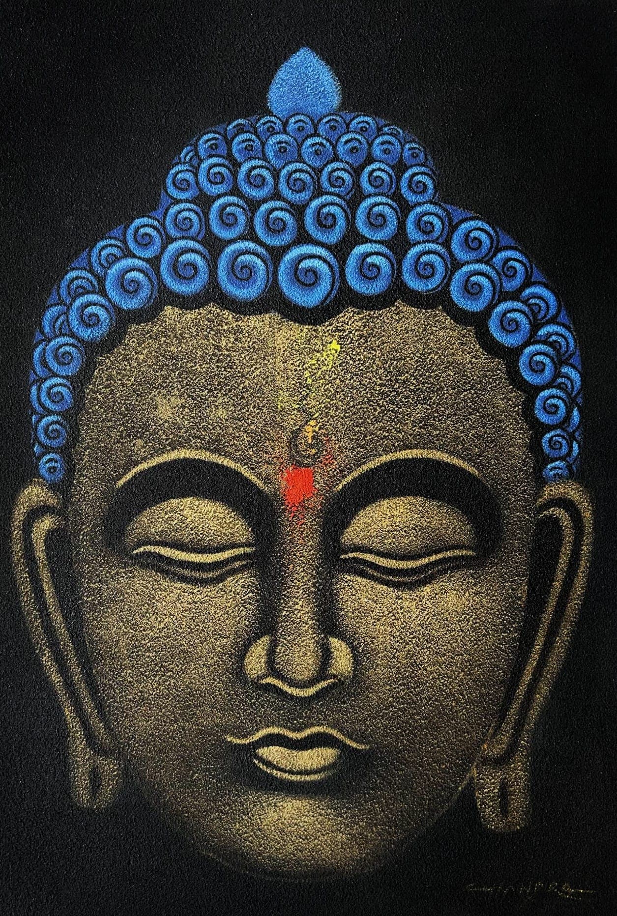 Buy Original Blue & Gold Buddha Face Acrylic Painting - serene meditative Buddha painting with intricate textures at Shakya Gallery Nepal