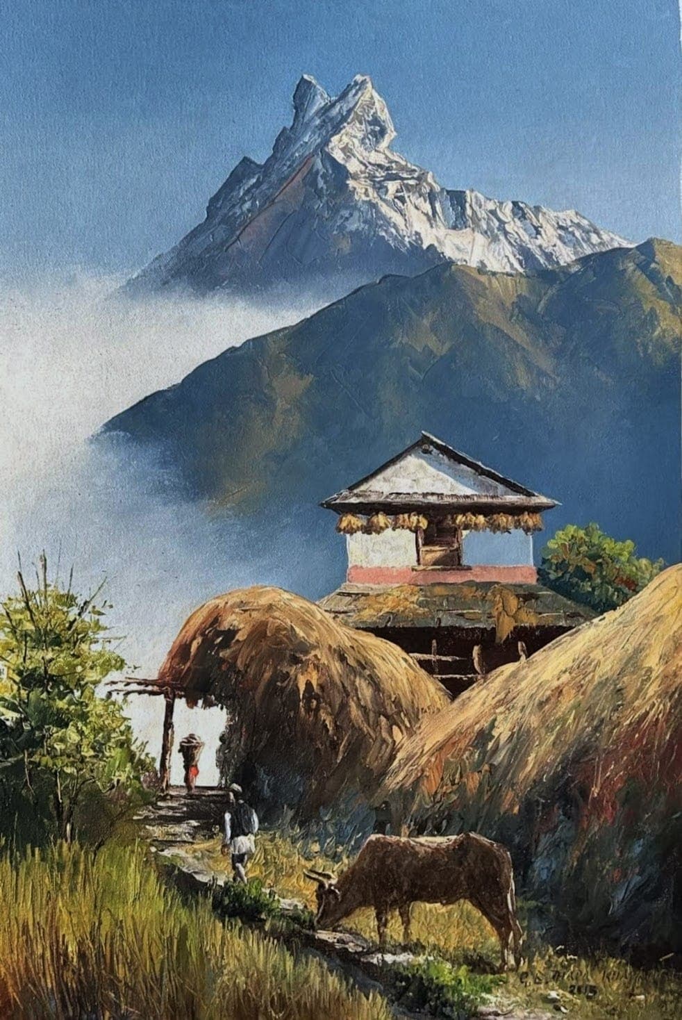 Buy Rural Nepali Village and Machapuchare - Landscape Oil Painting - Original fine art painting at Shakya Gallery Nepal