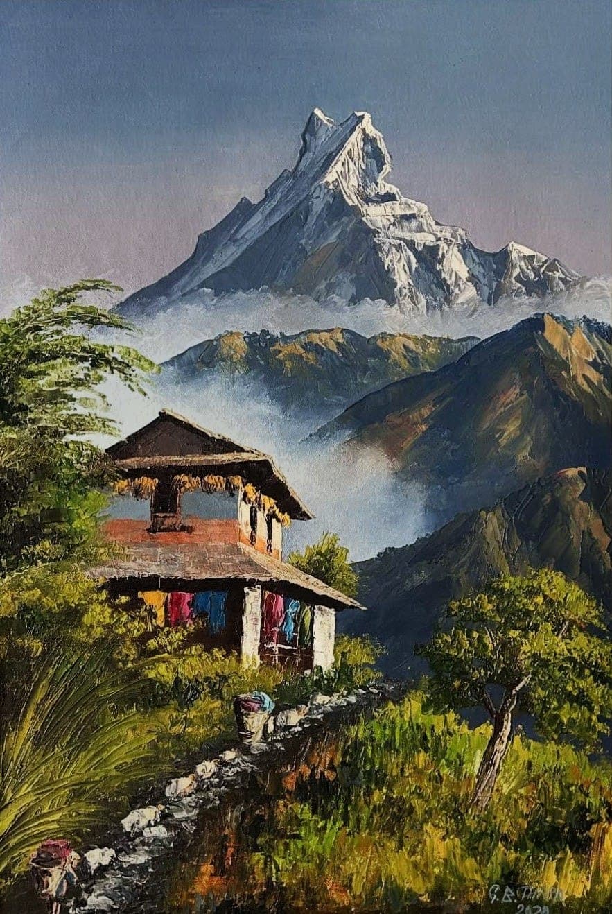 Buy The Iconic Spire of Machapuchare (Fishtail Mountain) - Original fine art painting at Shakya Gallery Nepal