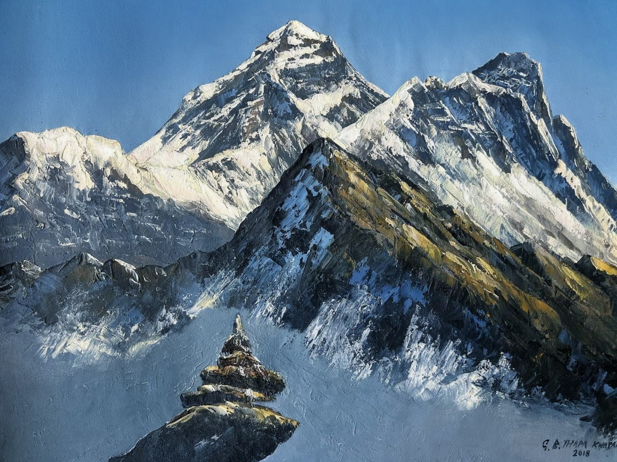 Buy Mount Everest Peak and Stone Cairn - Impasto Oil Painting - Original fine art painting at Shakya Gallery Nepal
