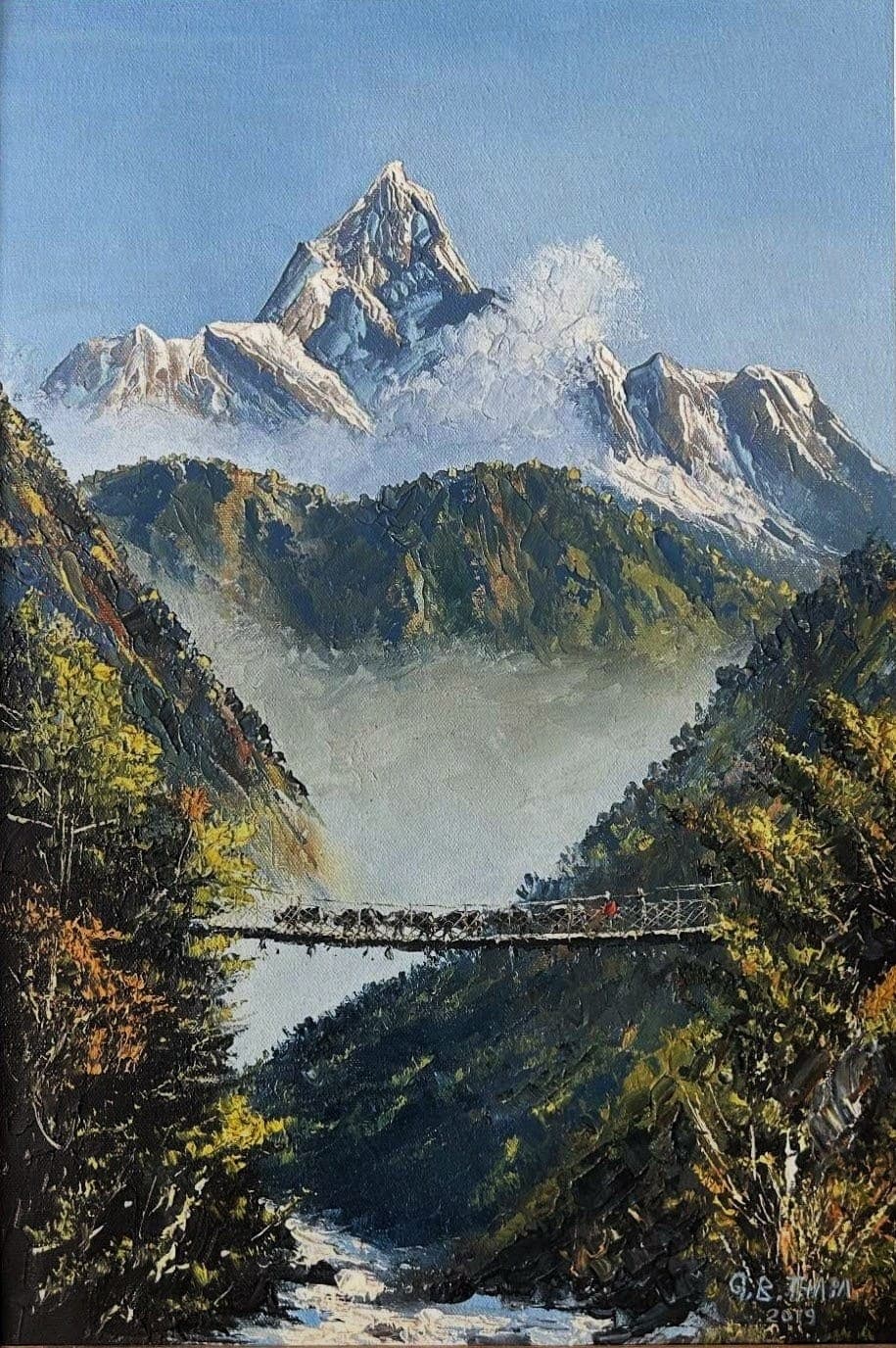 Buy Machapuchare Mountain Nepal - Heavy Impasto Oil Painting - Original fine art painting at Shakya Gallery Nepal